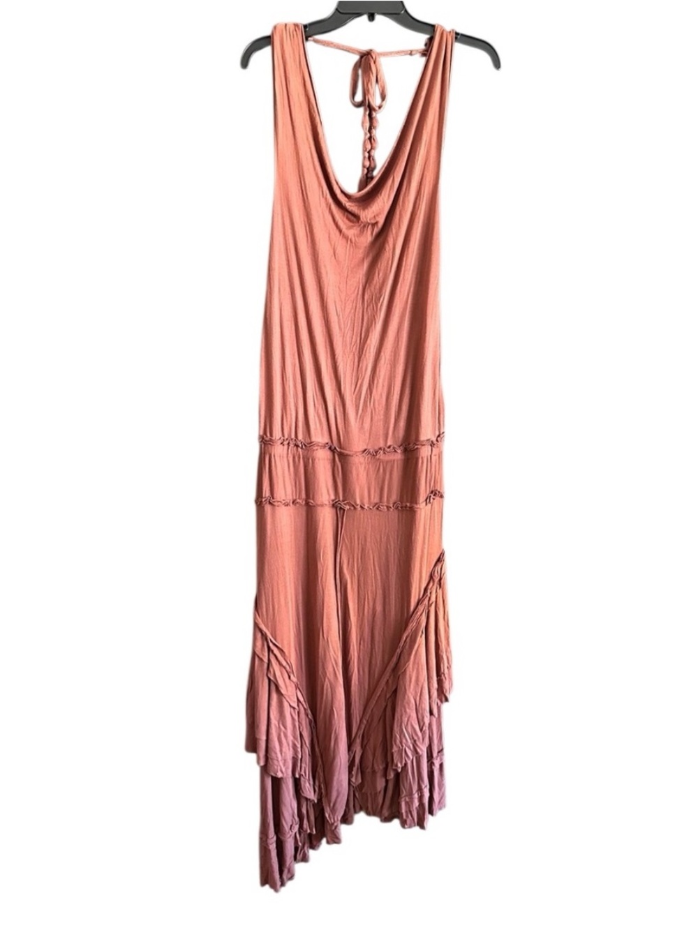 Lux Sleeveless Cowl Neck Cascade Hem Maxi Dress in Pinkish Rust. Size Large